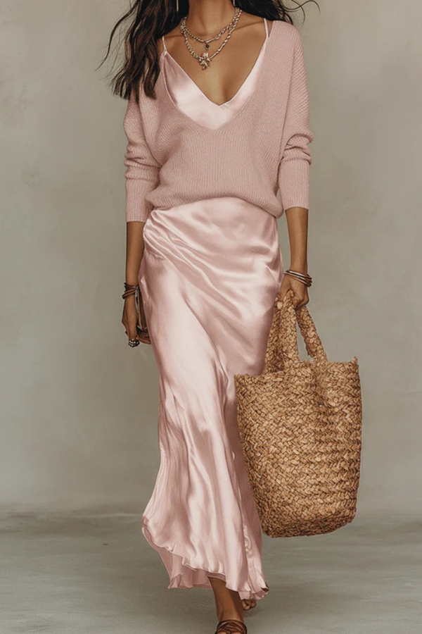 Comfortable & elegant women's two-piece set: midi dress and soft sweater, perfect for versatile style.