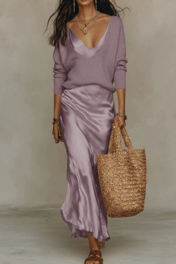 Sophisticated women's fashion set featuring an elegant midi dress & cozy matching sweater.