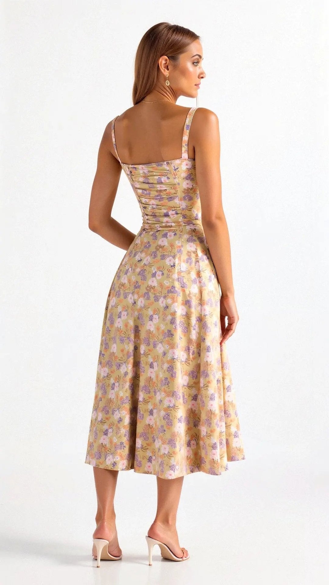 Trendy women's midi dress with a beautiful corset top, sweetheart neckline, and an eye-catching side slit feature.