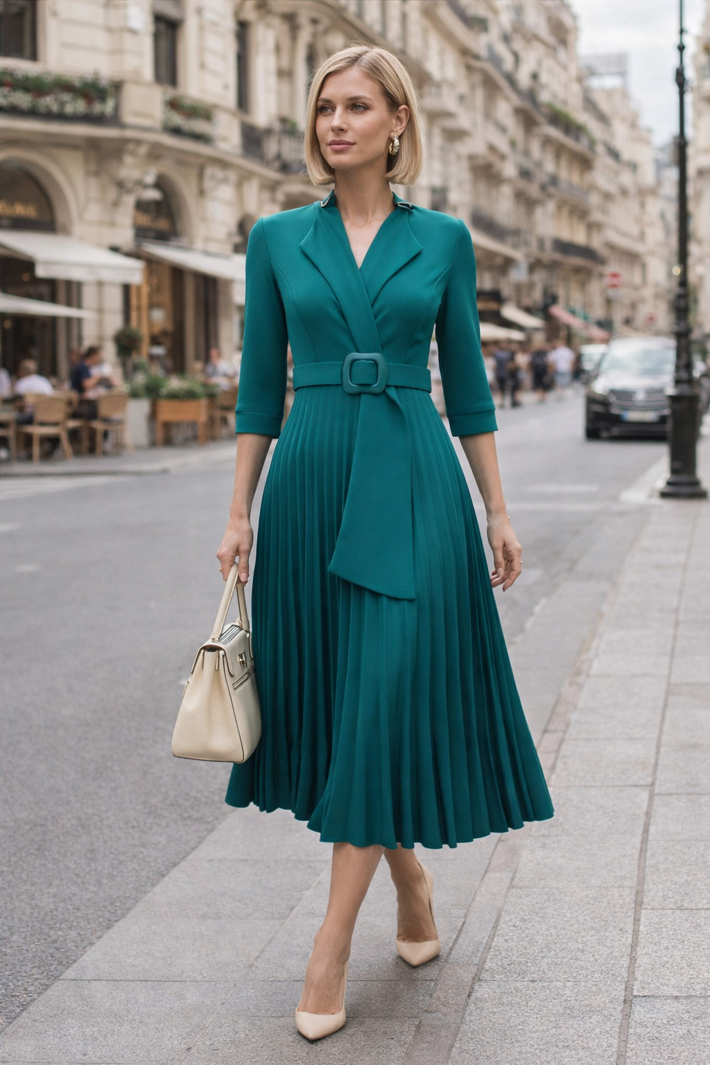 Elegant women's midi dress with a flattering pleated waist and V-neck, perfect for sophisticated summer occasions.