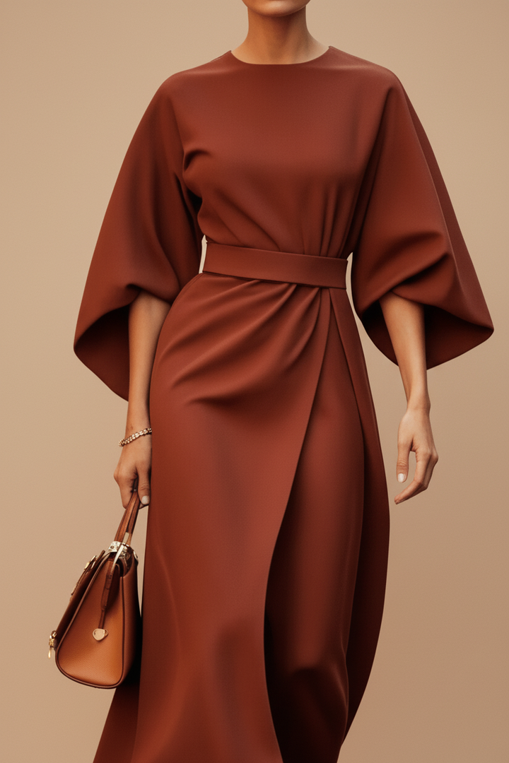 Modern women's lantern sleeve midi dress, a versatile and elegant option for formal or casual events.