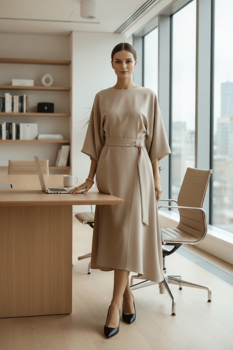 Chic women's elegant midi dress with unique lantern sleeves, great for parties and formal wear.