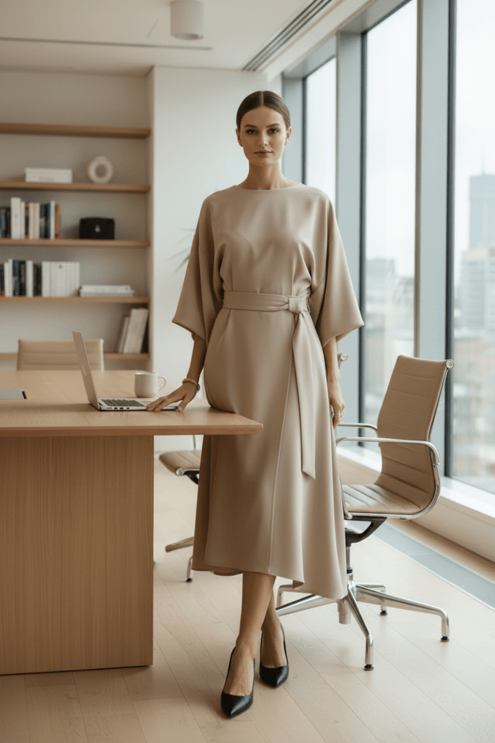 Chic women's elegant midi dress with unique lantern sleeves, great for parties and formal wear.