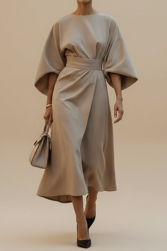 Versatile women's midi dress, designed with sophisticated lantern sleeves, perfect for special occasions or evening.