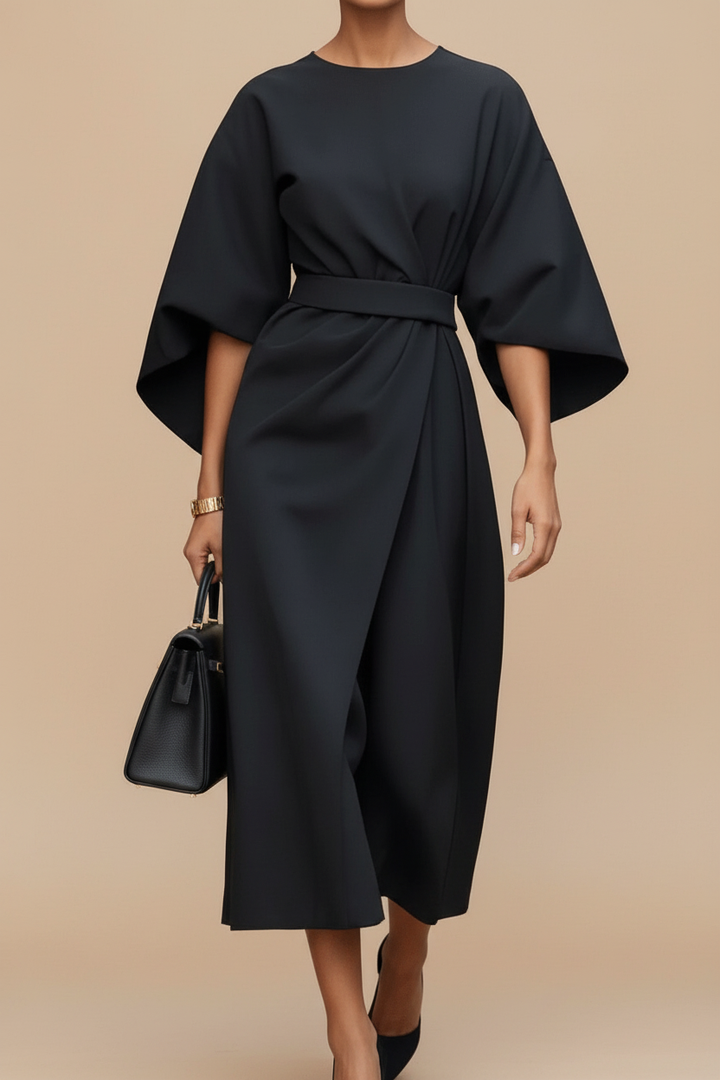 Fashionable women's party dress, a midi length with elegant lantern sleeves, suitable for day to night.