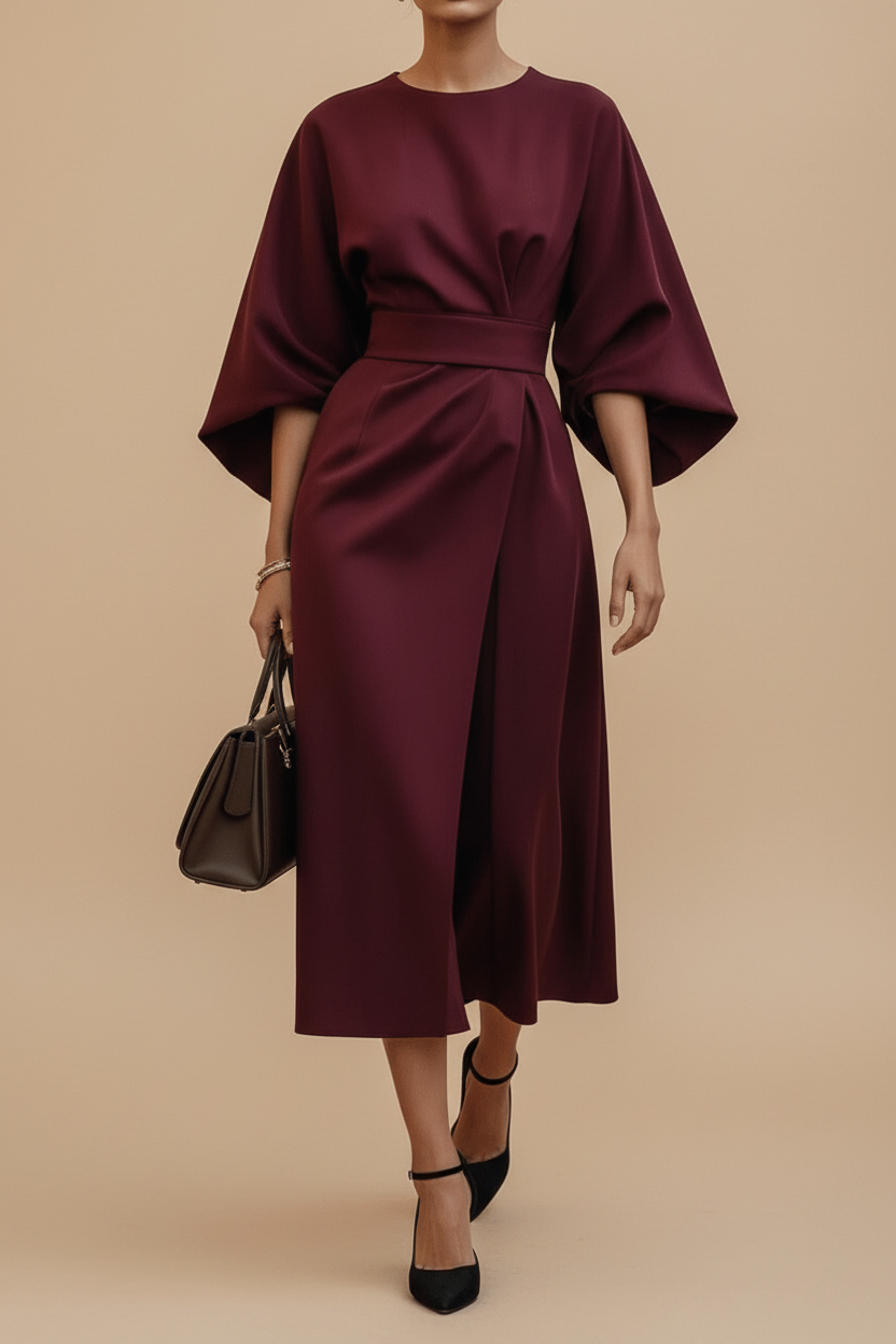 Sophisticated women's formal midi dress with graceful lantern sleeves, an excellent choice for evening wear.