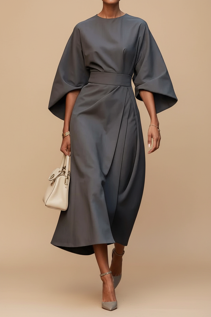 Elegant women's long sleeve midi dress with stunning lantern sleeves, perfect for any special occasion.