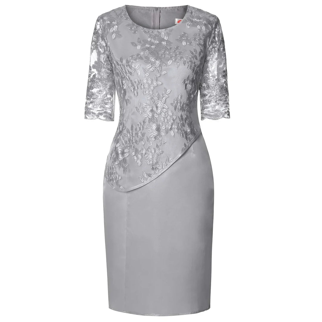 Grey women's midi dress, elegant short sleeve style with a flattering fit. Ideal for parties & evening events.
