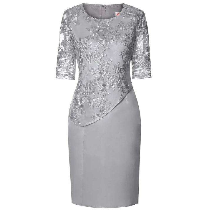 Grey women's midi dress, elegant short sleeve style with a flattering fit. Ideal for parties & evening events.