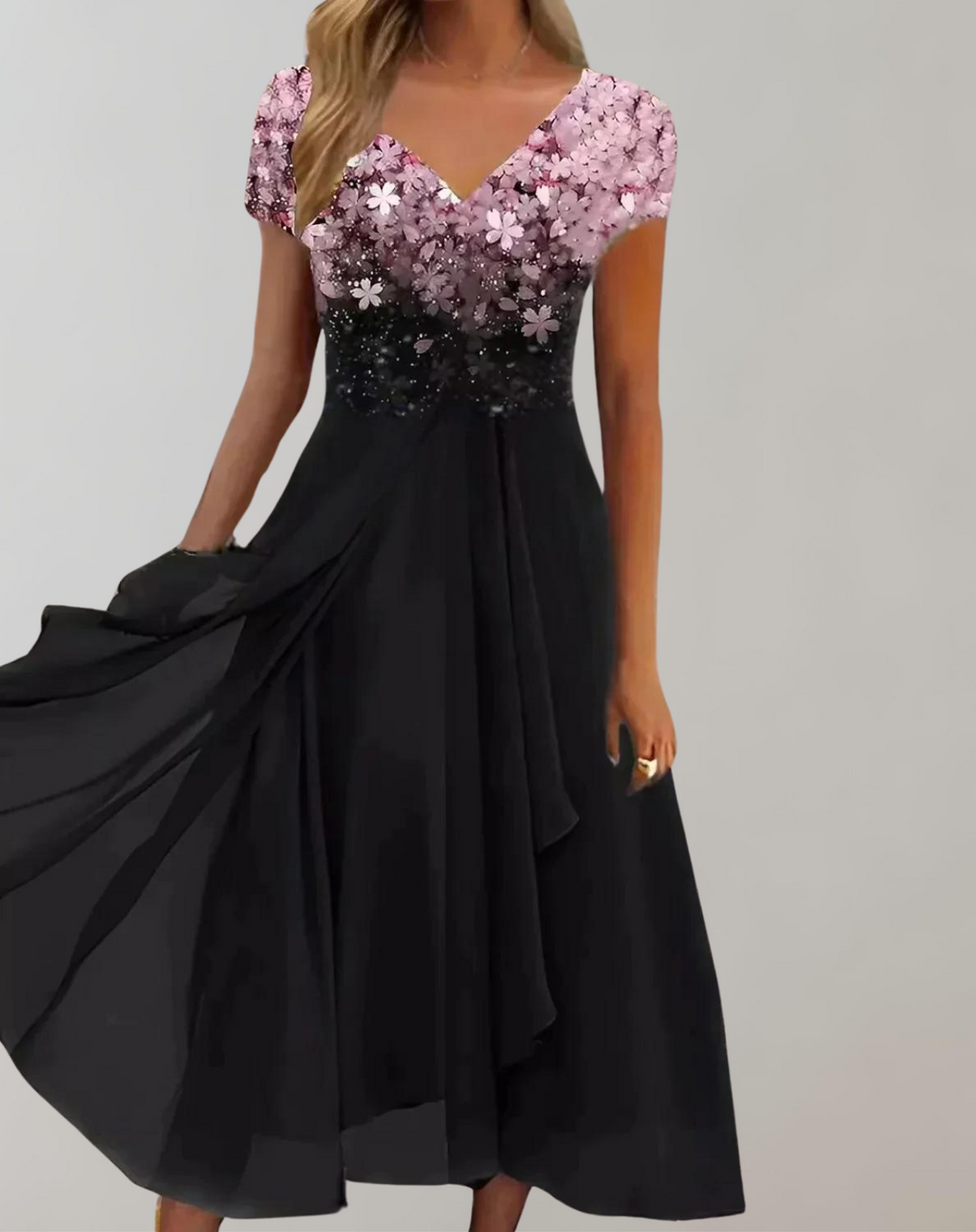 Glamorous V-neck short-sleeve midi dress, elegantly embellished with flowers, ideal for evening & formal events.