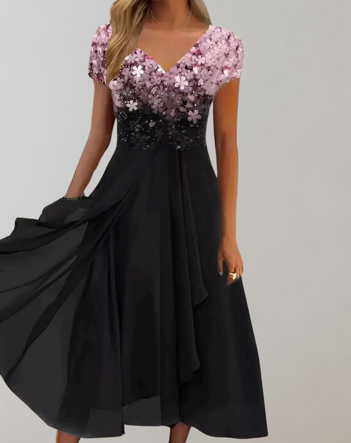 Glamorous V-neck short-sleeve midi dress, elegantly embellished with flowers, ideal for evening & formal events.