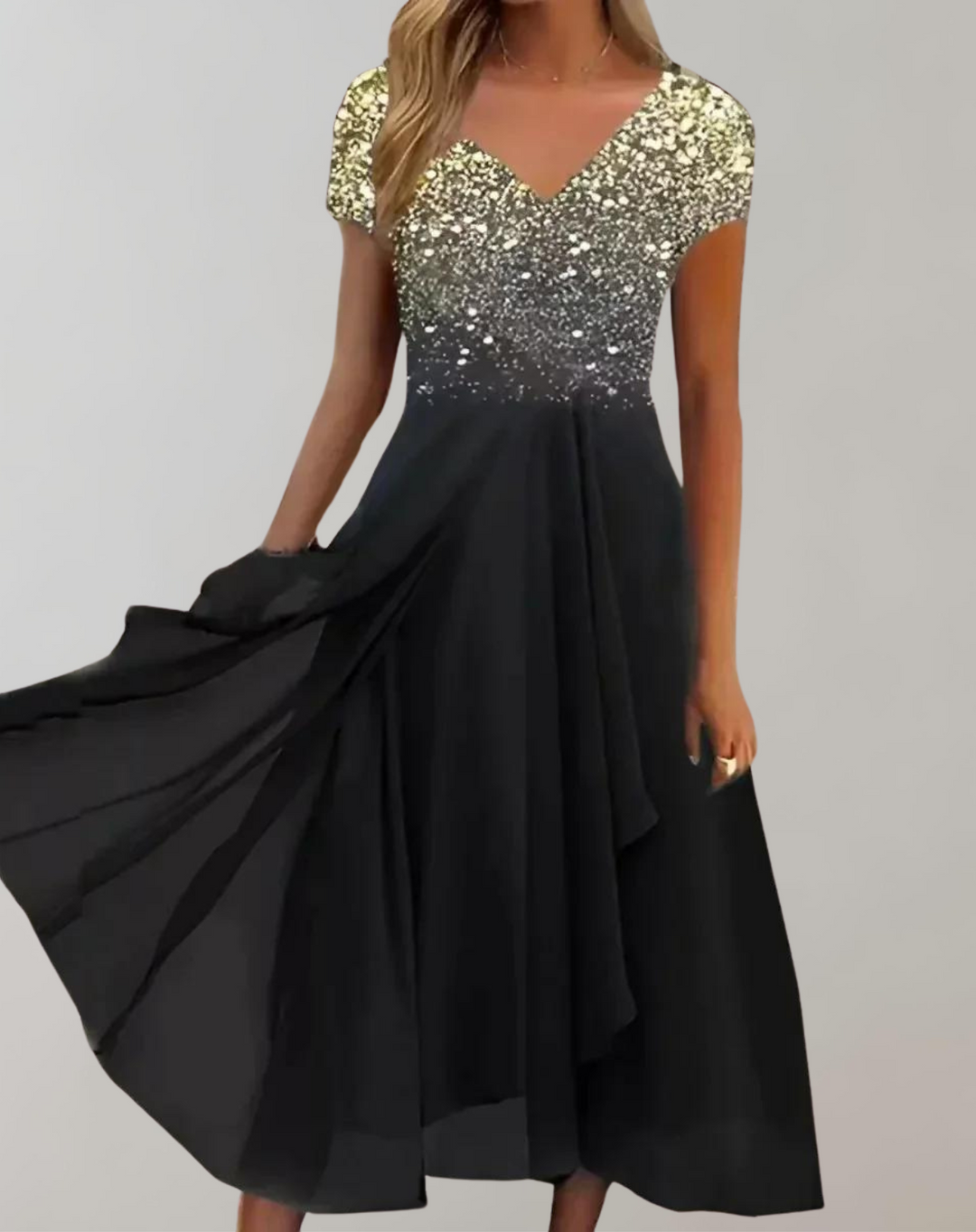Women's formal floral midi dress, embellished with delicate details. Elegant short-sleeve V-neck for special occasions.