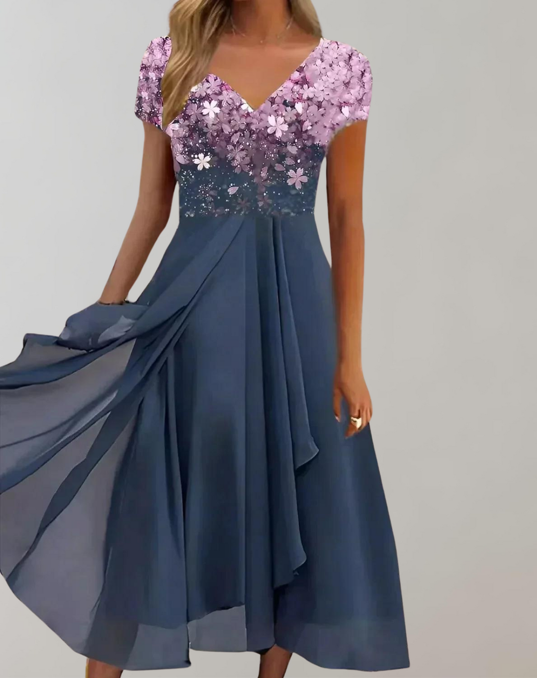Stunning women's embellished floral midi dress. Elegant V-neck, short-sleeve party & evening wear for special events.