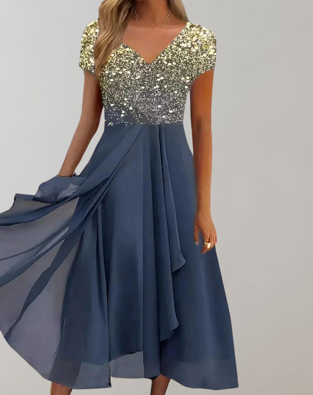 Elegant women's floral embellished midi dress with a flattering V-neck & short sleeves. Ideal for formal & party occasions.