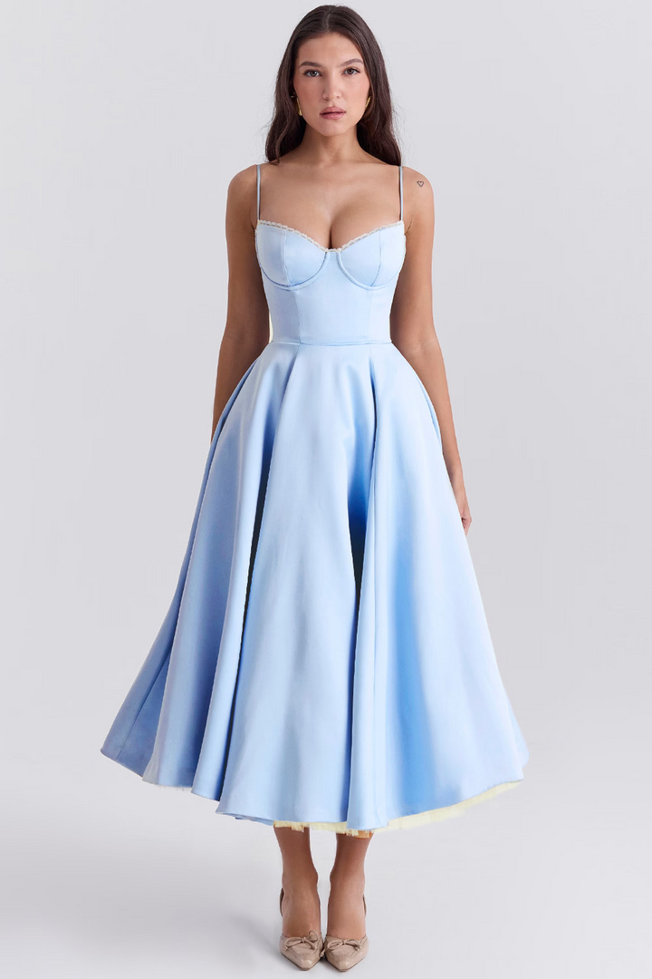Elegant women's midi dress with lace trim, corset top, sweetheart neckline, and convenient pockets for parties.