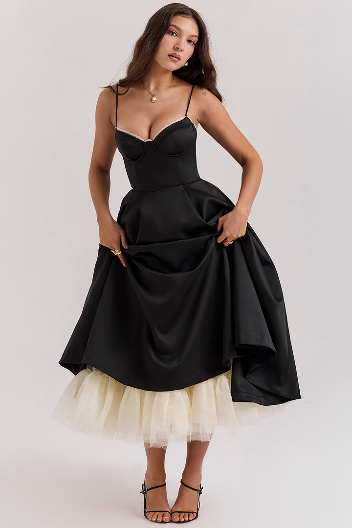 A women's elegant midi party dress featuring a flattering corset design, exquisite lace trim, and convenient pockets.