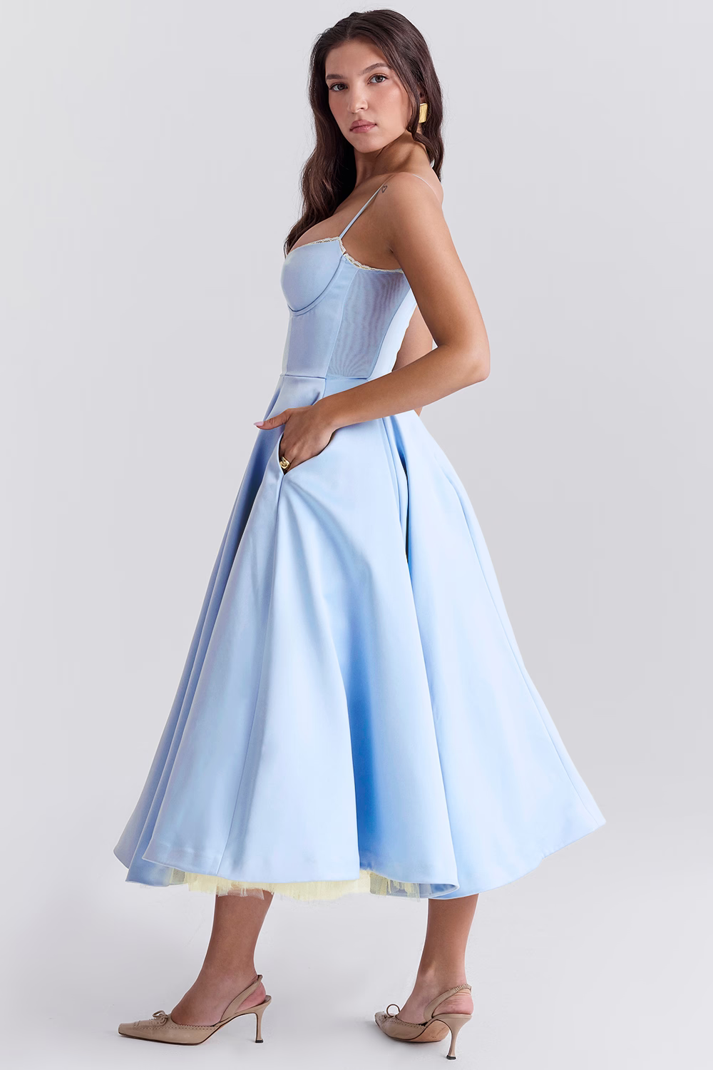 Gorgeous women's party midi dress with a sweetheart neckline, intricate lace trim details, and functional side pockets.