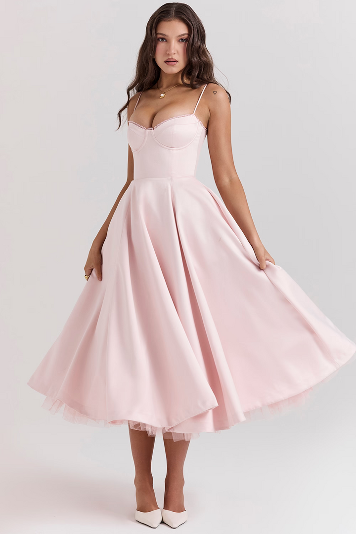 Women's elegant black corset midi dress with delicate lace trim, sleeveless design, perfect for special occasions.