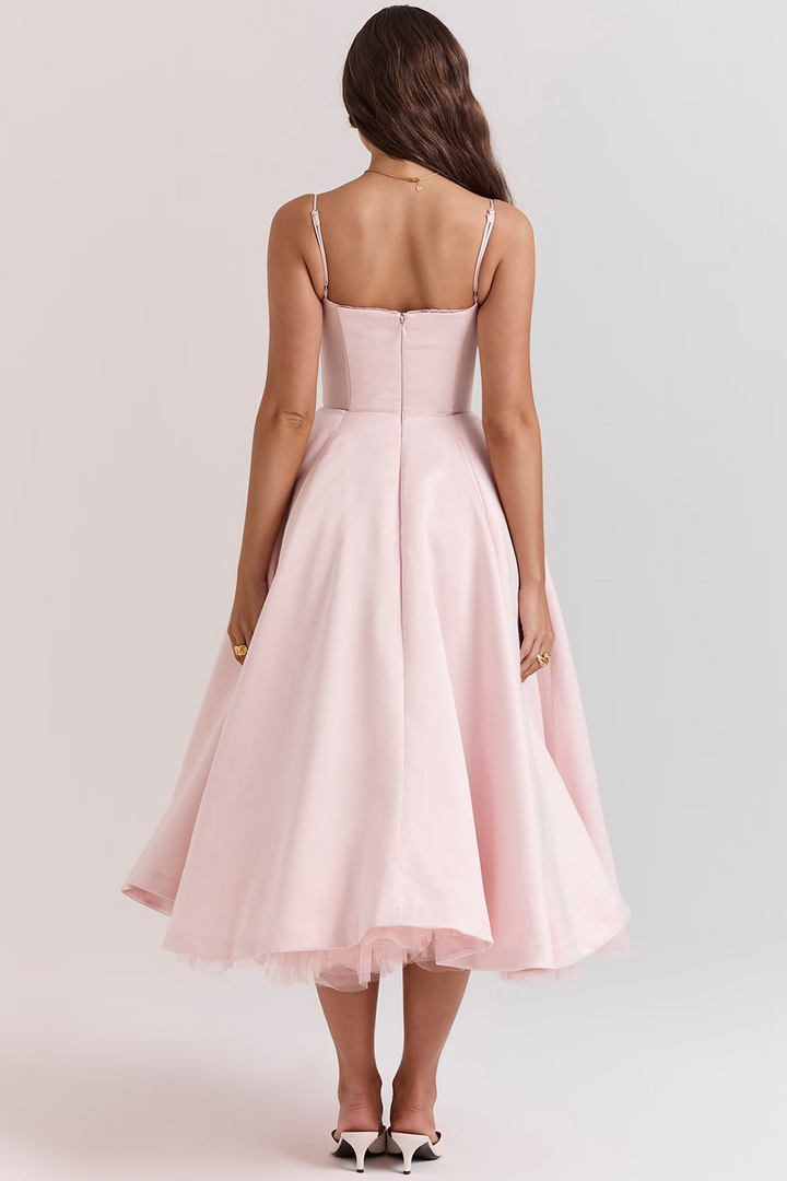 Chic women's sleeveless midi dress. Features a flattering corset top, lace-trimmed details, and hidden side pockets.