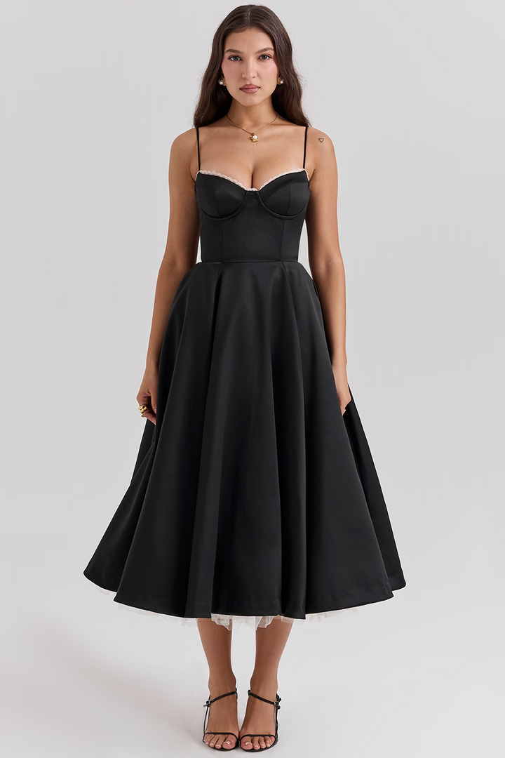 Beautiful women's midi dress with a sweetheart corset top, delicate lace trim, and functional pockets. Perfect for events.