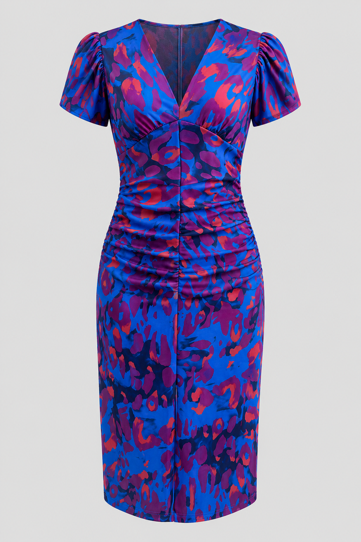 Abstract print midi dress for women. Elegant V-neck design, puff sleeves, and flattering gathered waist.