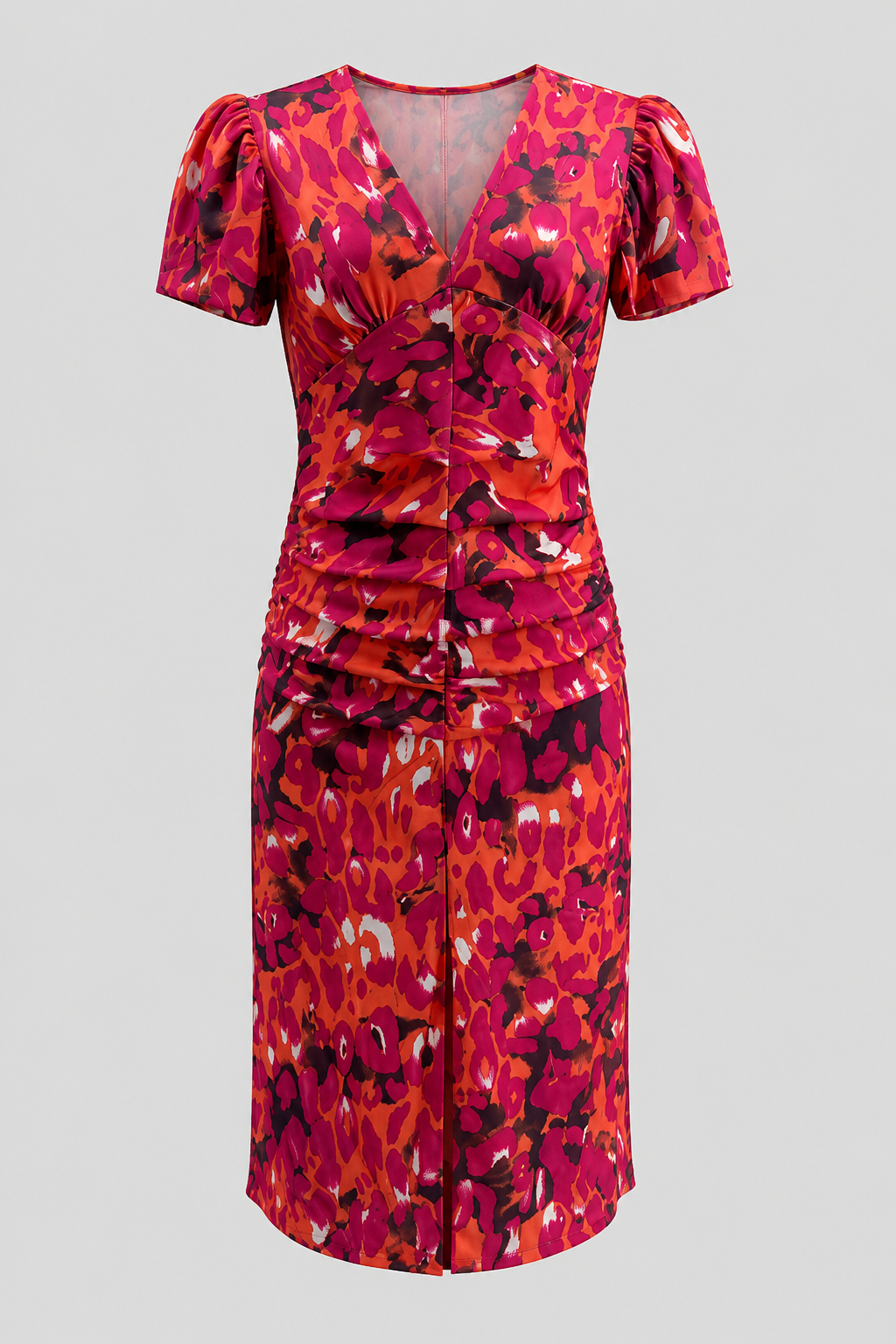 Elegant women's midi dress with abstract print, V-neck, puff sleeves, and a flattering gathered waist.