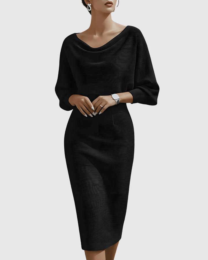 Elegant women's midi dress with sophisticated cowl neck & flattering batwing sleeves for parties.