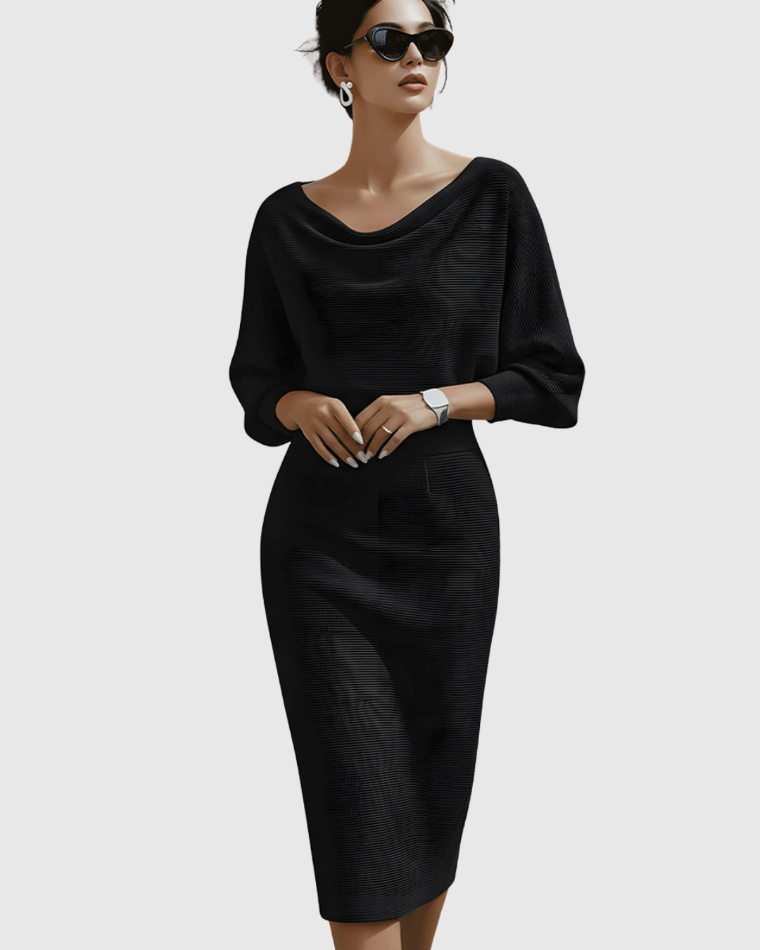 Elegant women's midi dress with a stylish cowl neck and comfortable batwing sleeves, perfect for events.