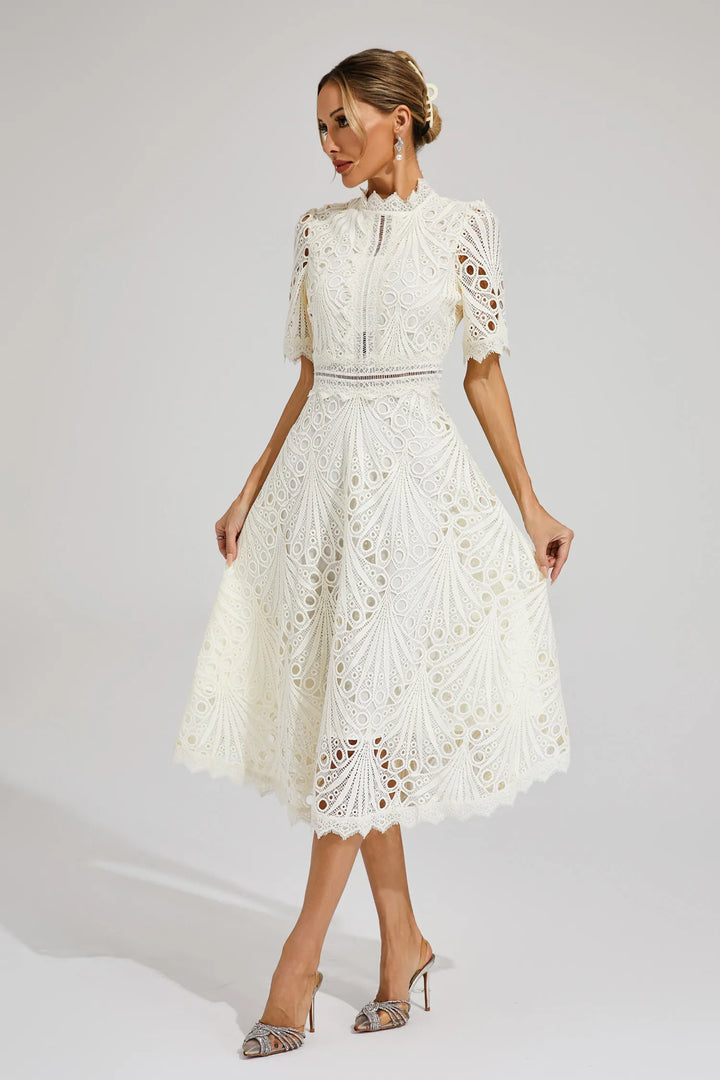 Elegant women's midi dress with tailored fit, perfect for wedding guests & special events.