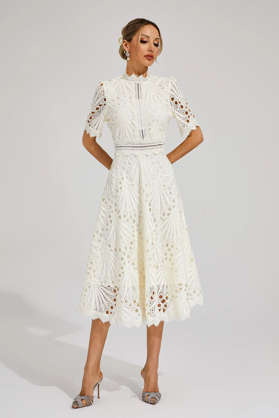 Chic women's wedding guest dress, midi length, ideal for spring/summer formal events.