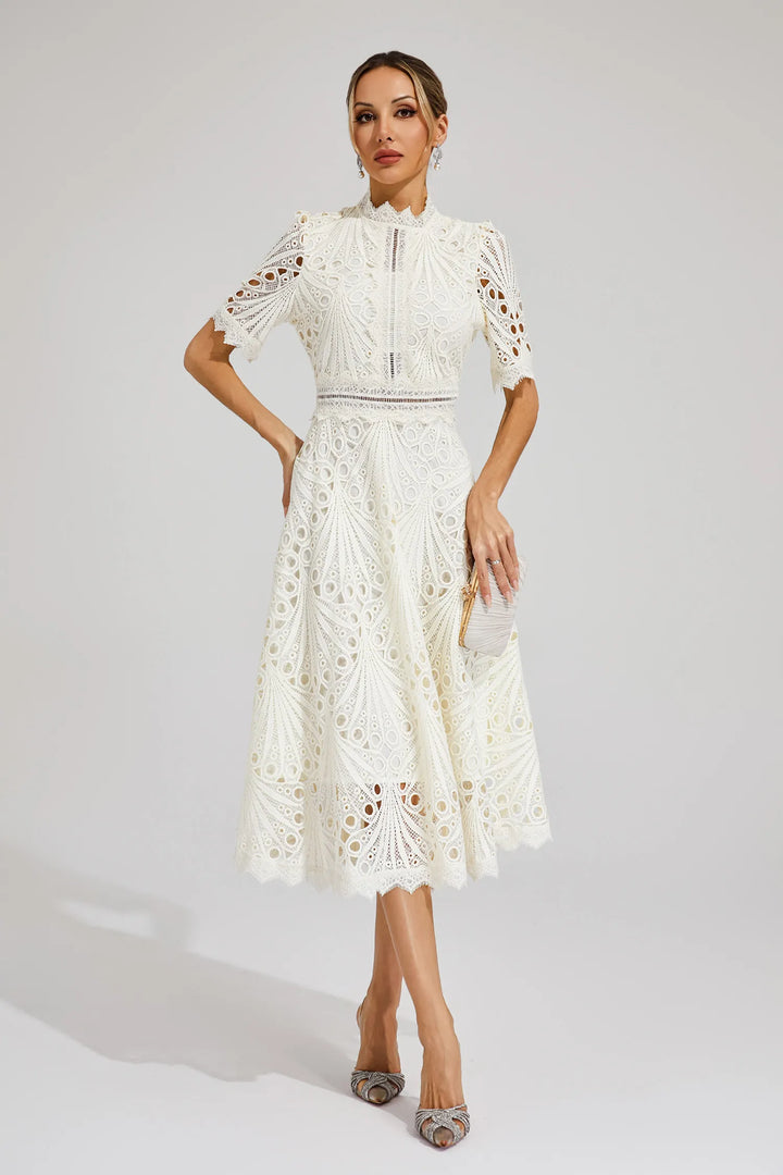 Classic women's elegant midi dress, versatile for weddings, cocktails, & special occasions.