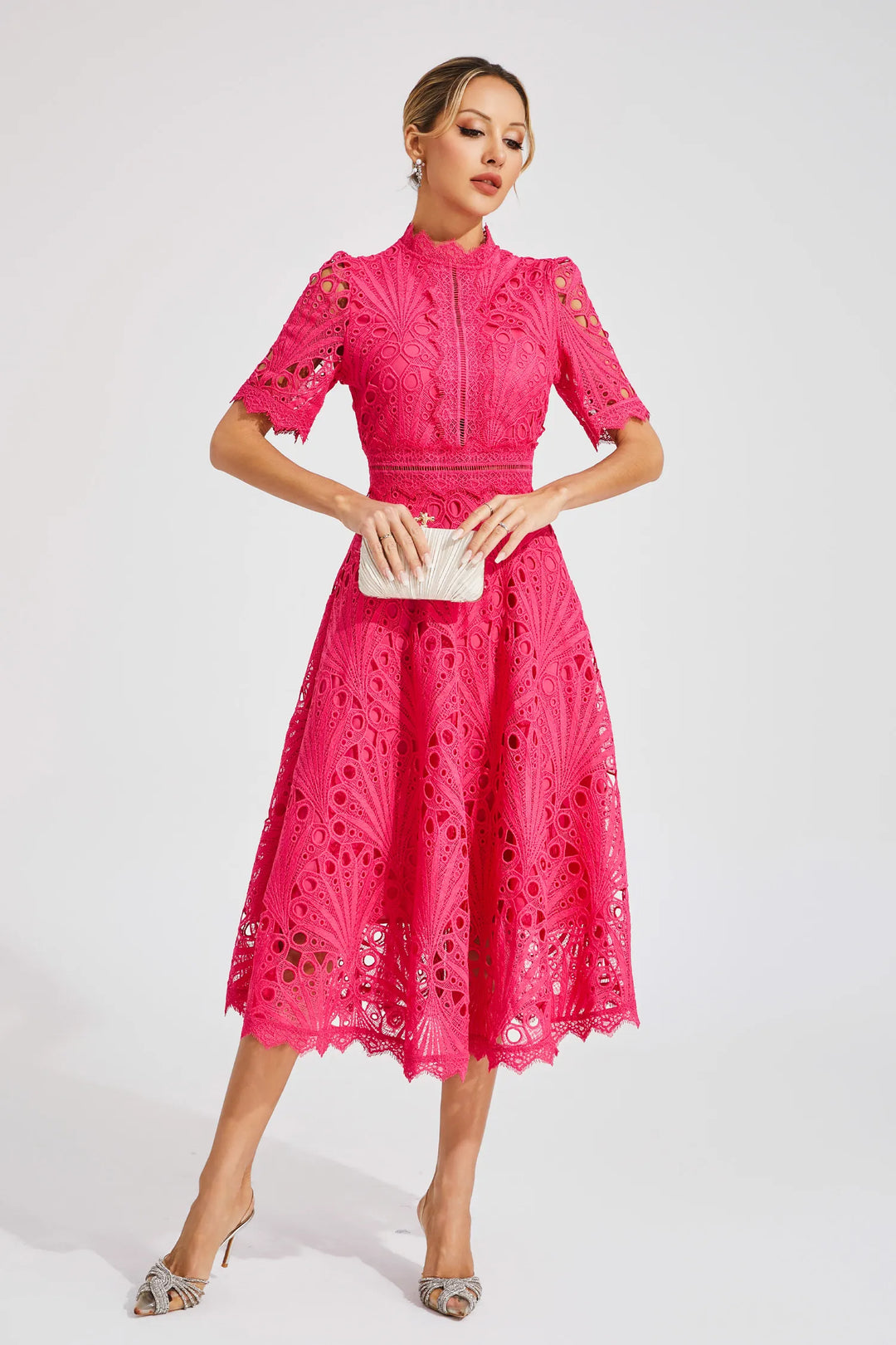 Chic formal midi dress for women, ideal for spring/summer cocktail parties & events.