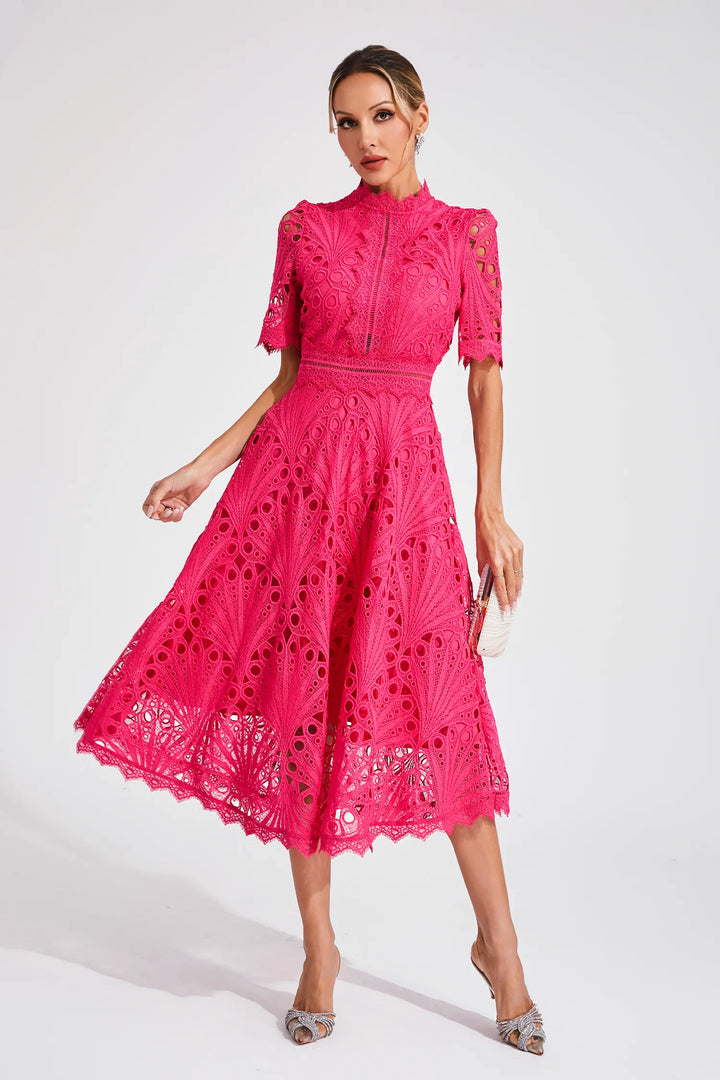 Women's elegant party midi dress, sophisticated design for weddings & special occasions.