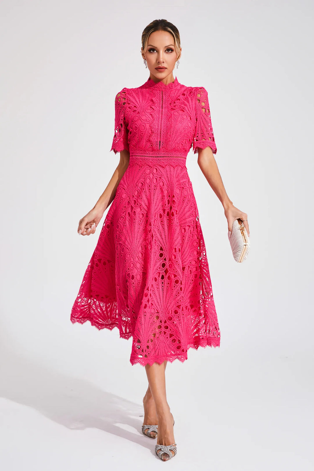 Sophisticated women's wedding guest midi dress, perfect for elegant parties & occasions.