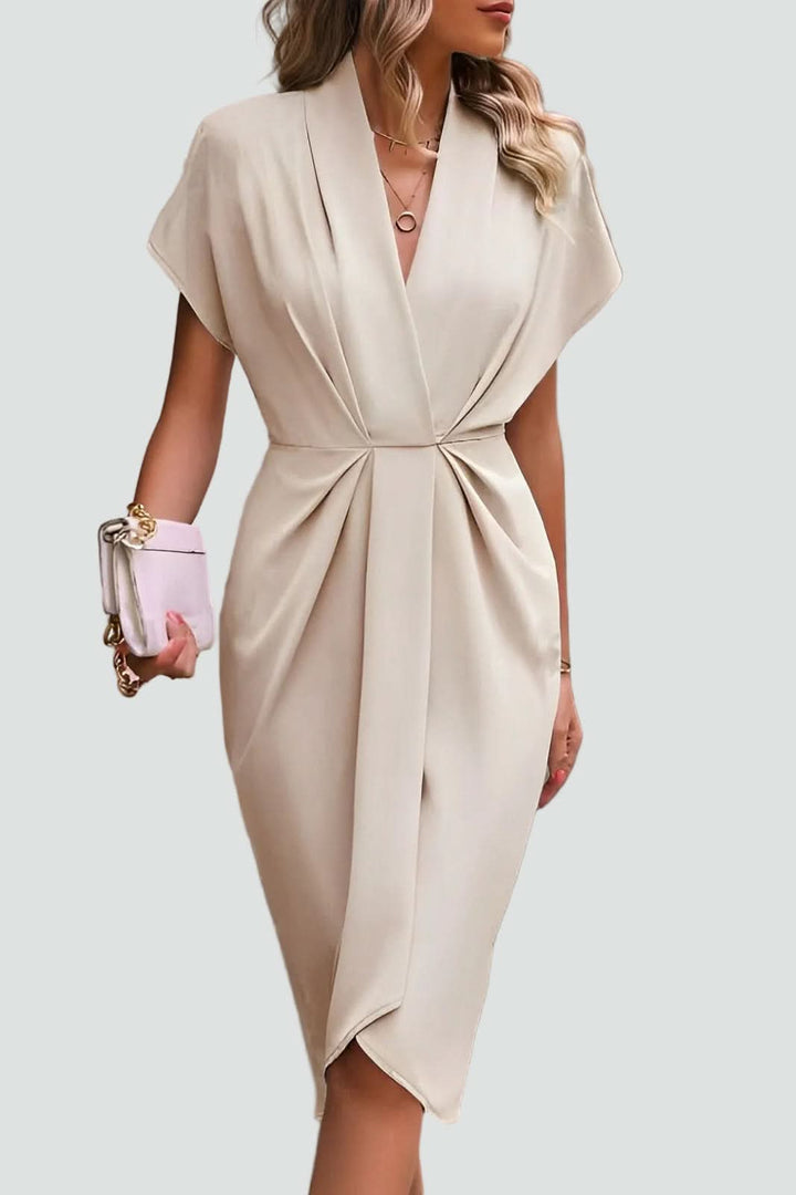 Lightweight women's midi wrap dress, elegant & flattering for summer parties, cocktails, or events.