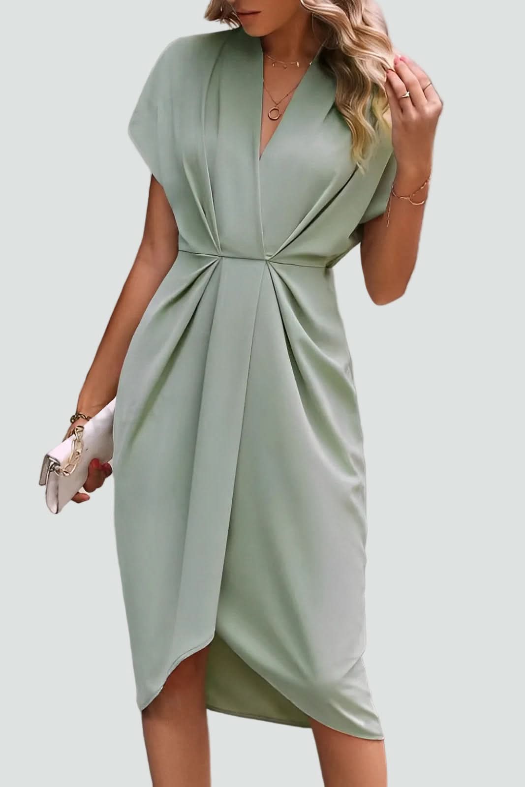 Versatile women's midi wrap dress, flowy design, ideal for summer parties or special occasion events.