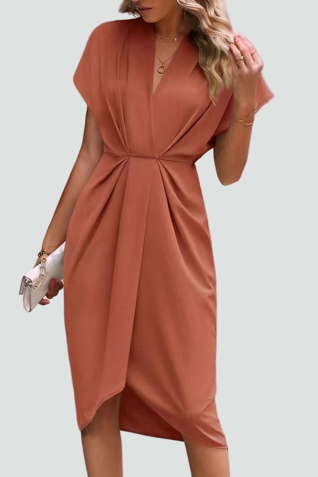 Women's elegant midi wrap dress featuring a flattering V-neck, perfect for summer & special occasions.