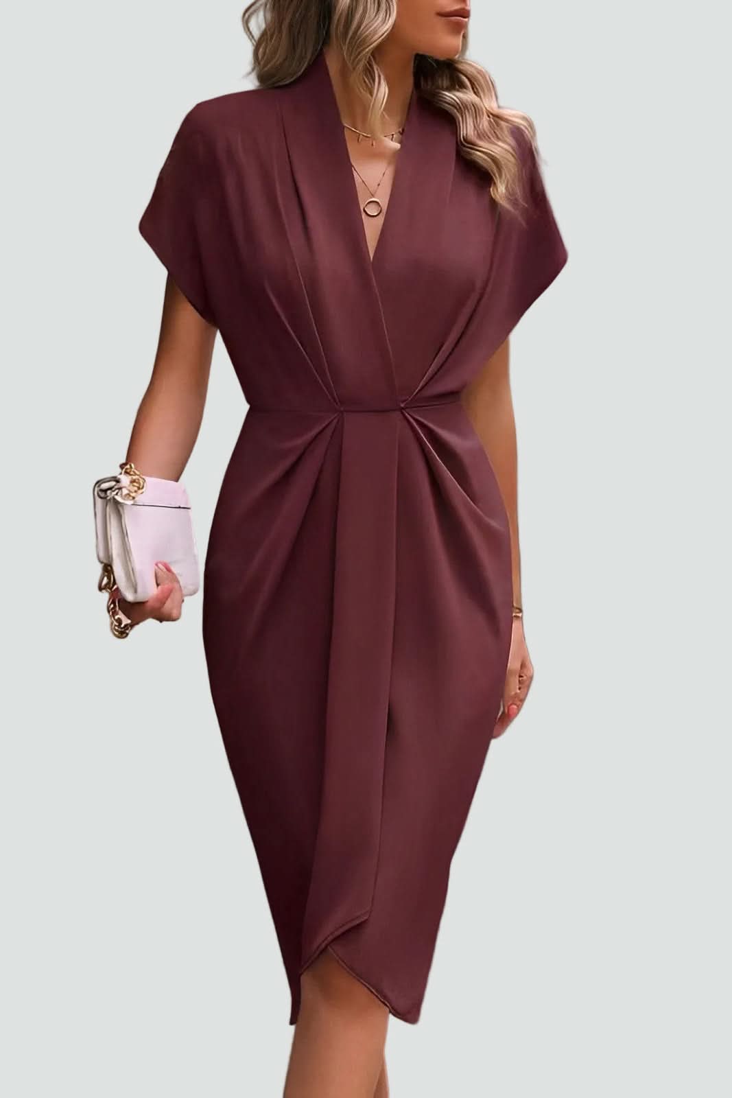 Flattering women's midi wrap cocktail dress, elegant for parties & special occasions, sophisticated look.