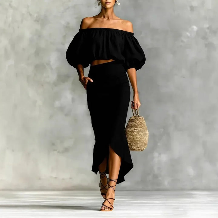 Fashionable women's off-shoulder top & wrap midi skirt set, ideal for elegant garden parties & summer outings.