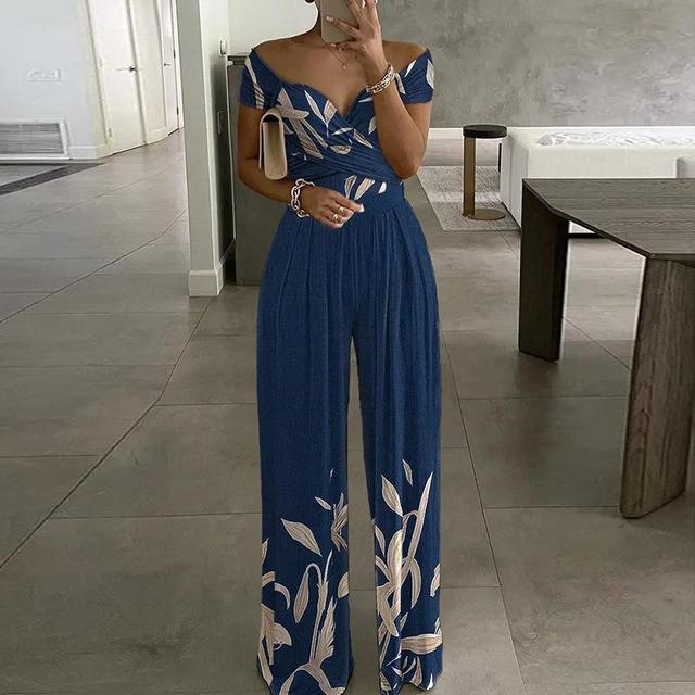 Beautiful women's floral off-shoulder wide-leg jumpsuit, a versatile piece for elegant summer fashion and vacation.