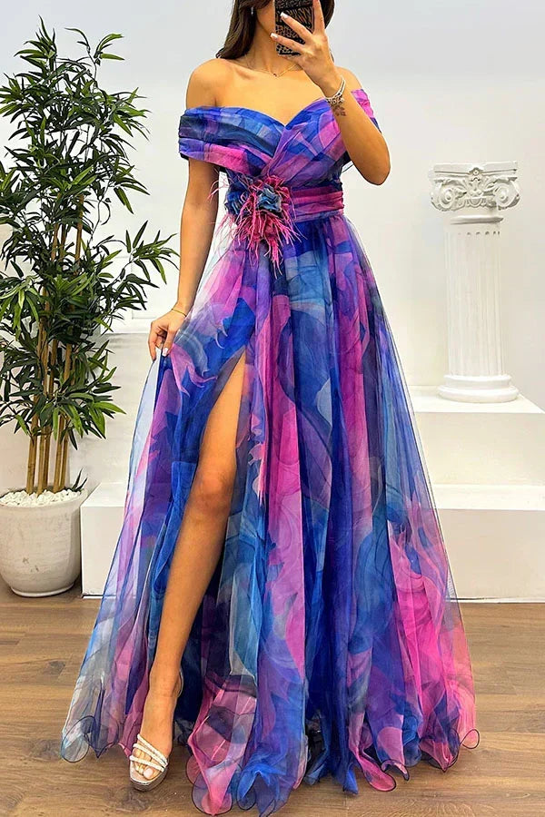 Elegant women's off-shoulder formal maxi dress, perfect for evening events, parties, and wedding guests.