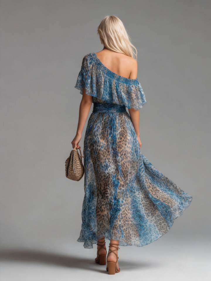 Versatile women's off-shoulder short sleeve maxi dress with a chic leopard print, ideal for day or evening.