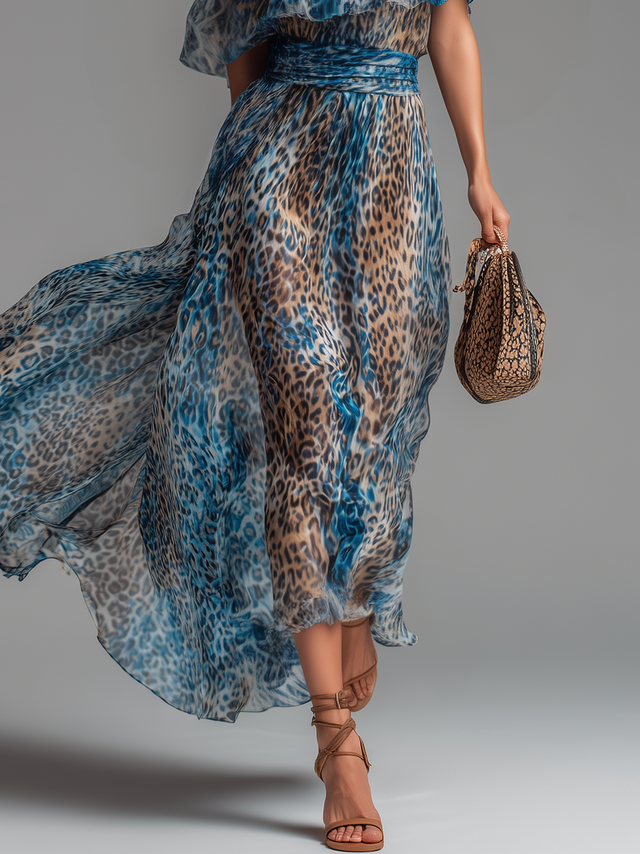 Elegant women's off-shoulder leopard print maxi dress with short sleeves, a stylish choice for any special occasion.