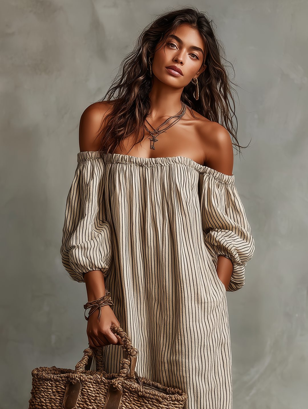 Chic women's off-shoulder flowing maxi dress with long sleeves, perfect for elegant vacation & casual outings.