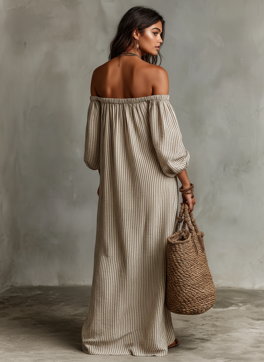 Comfortable women's long sleeve off-shoulder maxi dress, versatile for elegant spring and summer occasions.