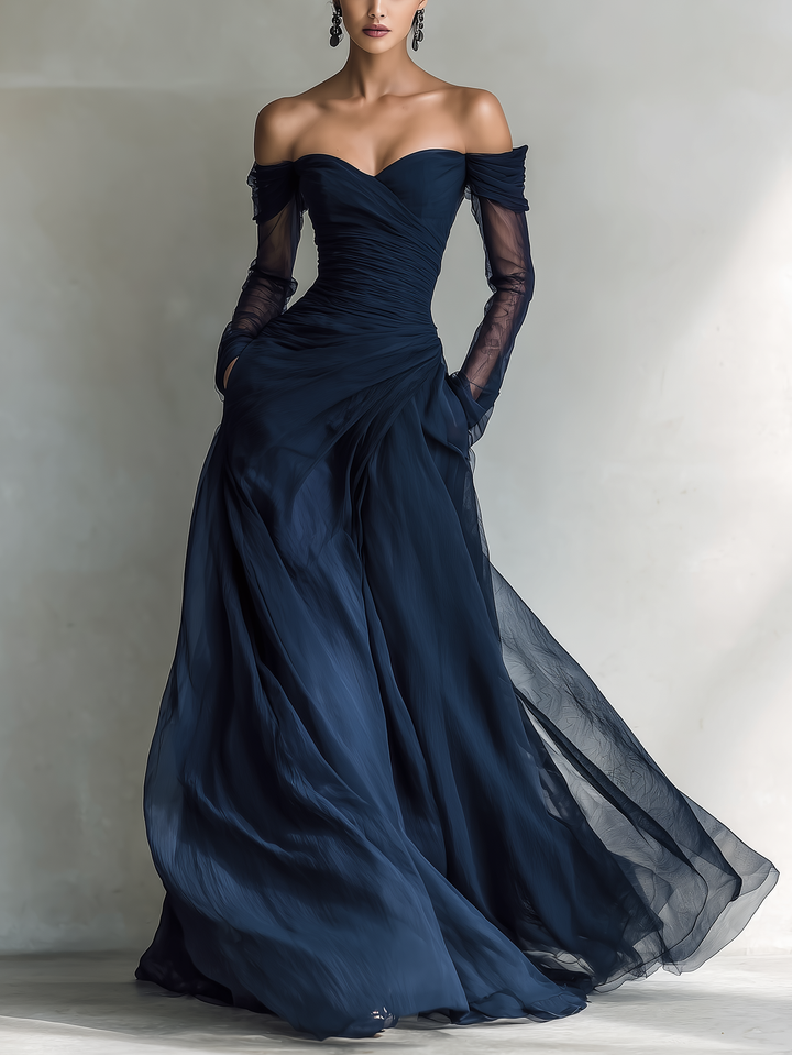 Elegant women's off-shoulder maxi dress, ideal for formal events, weddings, or evening parties. Floor-length design.