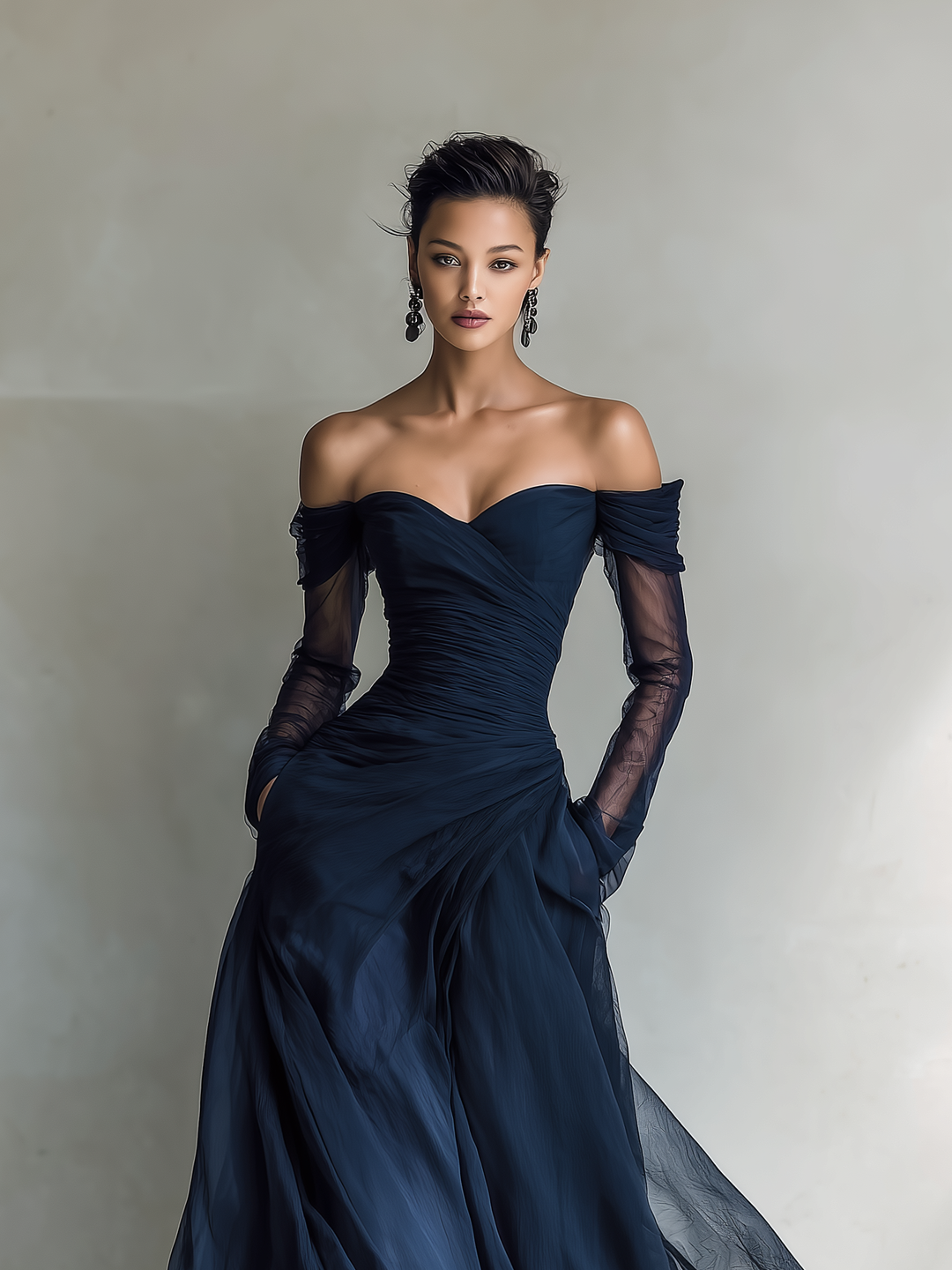 Sophisticated off-shoulder maxi dress for women, with a fitted silhouette, perfect as an evening gown or cocktail dress.