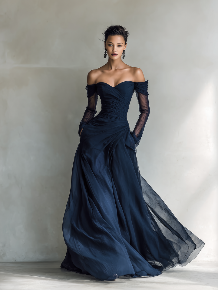 Beautiful long sleeve off-shoulder maxi dress, perfect wedding guest or formal event attire. Elegant and floor-length.