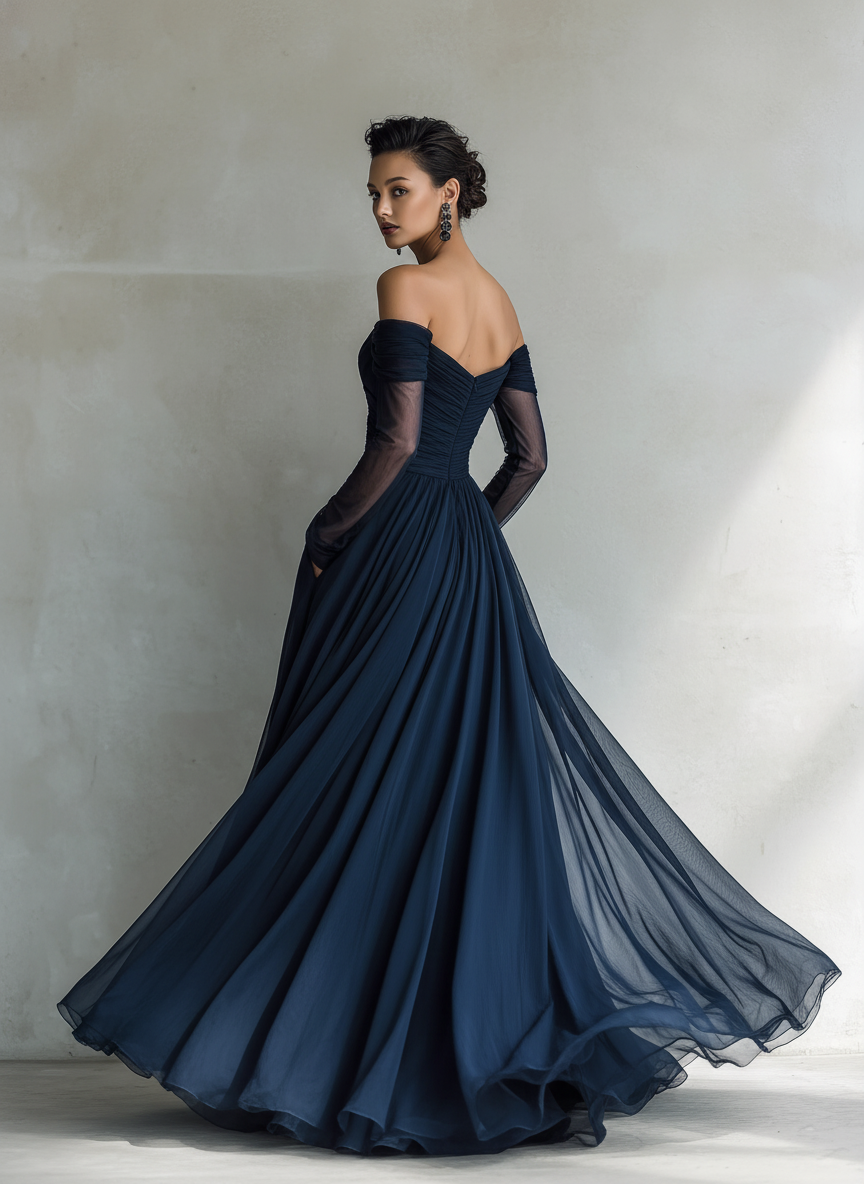 Stunning women's off-shoulder evening gown with long sleeves, a fitted, floor-length design for a truly elegant look.