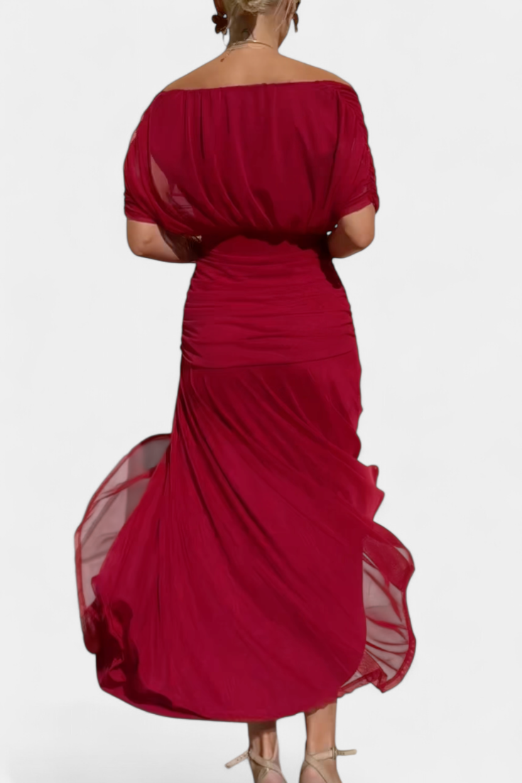 Chic party dress: women's off-shoulder maxi gown. Elegant long formal evening wear for special occasions.